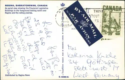 Postcard Regina (Saskatchewan) Luftbil areal view 1968  gel. Air Mail