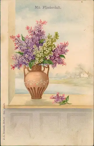 Ansichtskarte  Künstlerkarte Blumen Vase - Karte mit Fliederduft 1909