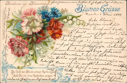 Künstlerkarte Blumen mit Blumenduft 1899  gel. Ankunftsstempel Friedenau
