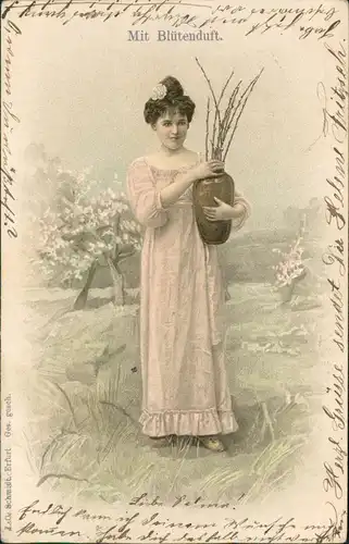 Ansichtskarte  Künstlerkarte Frau mit Zweigen, Postkarte mit Blütenduft 1904