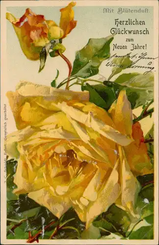 Neujahr Sylvester New Year gelbe Rosen - Künstlerkarte mit Blütenduft 1904