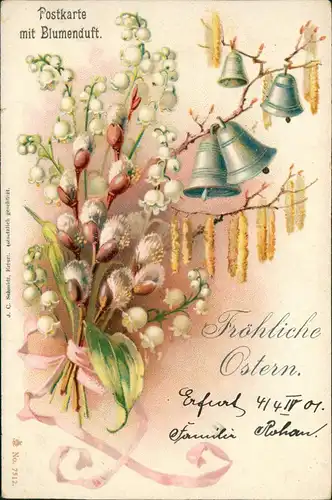 Glückwunsch Ostern / Easter Maiglöckchen Postkarte mit Blumenduft 1901