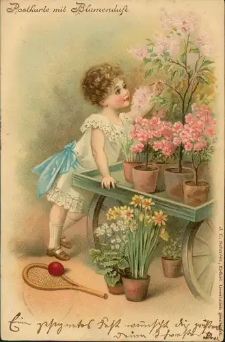 Ansichtskarte  Postkarte mit Blumenduft. Mädchen am Blumenwagen 1906