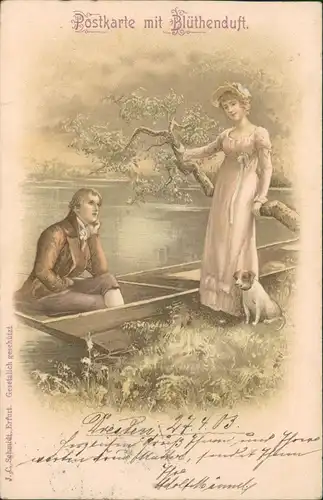 Ansichtskarte  Künstlerkarte Mann im Boot Frau Postkarte mit Blütenduft 1903