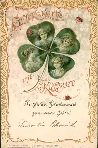 Künstlerkarte Glückskarte mit Kleegeruch Frauen 1901 Goldrand/Prägekarte