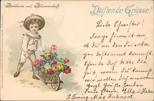 Ansichtskarte  Junge mit Blumenkarren Postkarte mit Blumenduft 1899