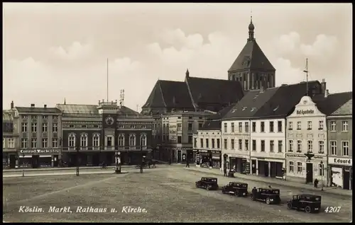 Postcard Köslin Koszalin Marktplatz u. Geschäfte 1928