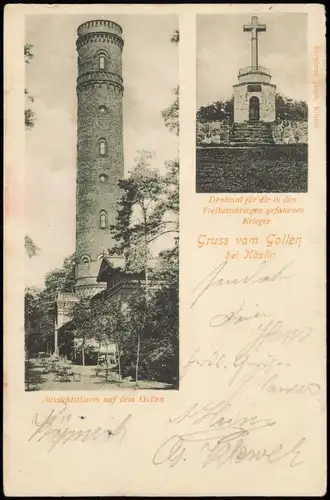 Postcard Köslin Koszalin 2 Bild Turm und Denkmal Gollen Pommern 1901