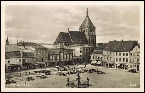 Postcard Köslin Koszalin Markt, Geschäfte, Bus und Brunnen 1929