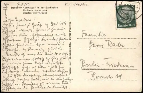 Postcard Stettin Szczecin Buchheide Kurhaus Kellerbeck 1941