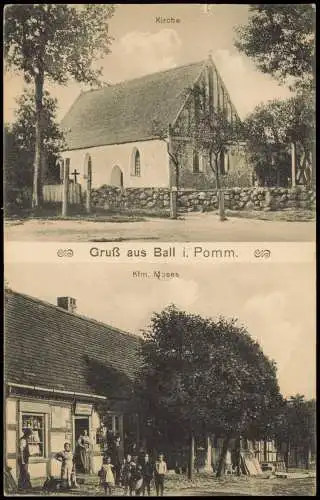 Postcard Ball Kr. Saatzig Pommern 2 Bild: Kirche, Kaufhaus 1914