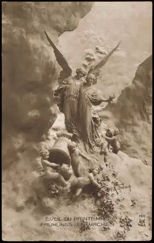 Französische Künstlerkarte Kunst Relief ÉVEIL  PRINTEMPS Frühlingserwachen 1910