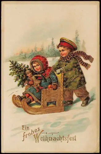 Weihnachten Christmas: Kinden mit Schlitten & Weihnachtsbaum 1910 Goldrand