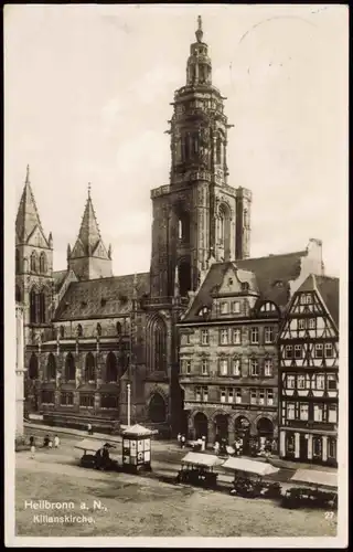 Ansichtskarte Heilbronn Kilianskirche, Marktstände Kiosk 1953