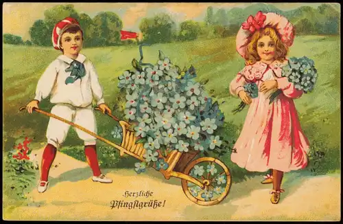 Glückwunsch Pfingsten Kinder mit Schubkarre & Pfingstgrüsse Blumen 1917