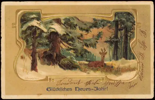 Neujahr Sylvester New Year (Stimmungsbild aus dem Wald) 1905 Goldrand/Prägekarte