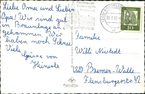 Ansichtskarte Braunlage Panorama-Ansicht, Frau mit Kindern auf Ski 1962