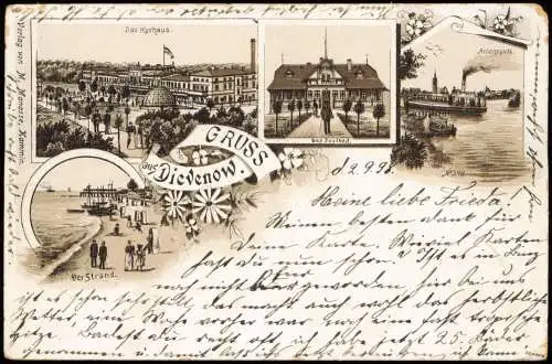 Litho AK Berg Dievenow Dziwnów Gruss aus Dampfer, Kurhaus Pommern 1898