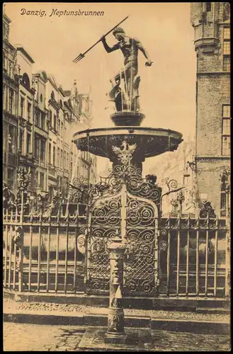 Postcard Danzig Gdańsk/Gduńsk Neptunsbrunnen - Straßenblick 1912
