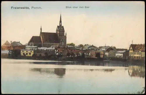 Postcard Freienwalde in Pommern Chociwel Blick über den See 1915  gel. Bahnpoststempel als Feldpost
