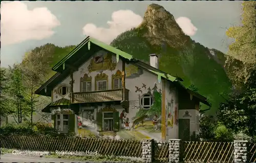 Ansichtskarte Oberammergau Rotkäppchen-Haus mit Kofel color Fotokarte 1959