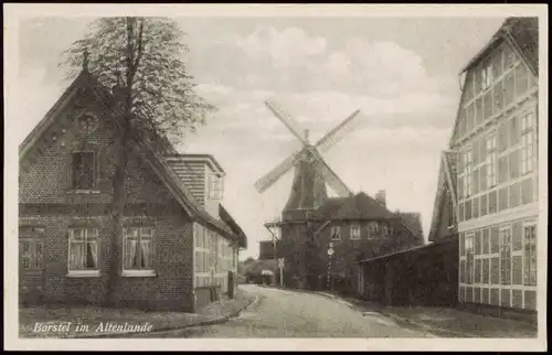 Ansichtskarte Borstel-Jork Straßenpartie, Windmühle 1940