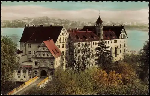 Heiligenberg (Bodenseekreis) Schloß mit Bodensee u. Schweizer Alpen 1962