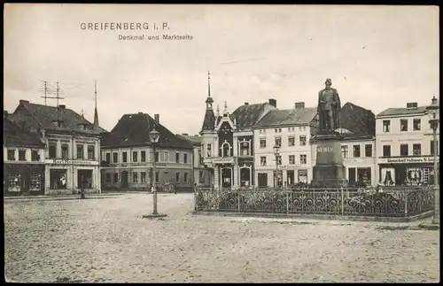 Greifenberg Gryfice Denkmal und Marktseite, Geschäfte - Pommern 1908