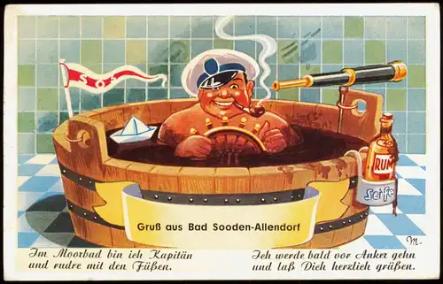 Ansichtskarte Bad Sooden-Allendorf Scherzkarte Kapitän in Badewanne 1956