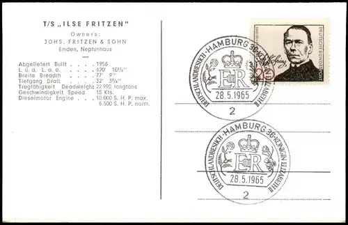 Ansichtskarte  T/S, ILSE FRITZEN" Schiff 1965  Sonderstempel Hamburg Queen