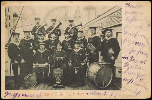 Ansichtskarte  Militär Marine Orchester S.M.S. Hamburg. 85 1905    Stempel Kiel
