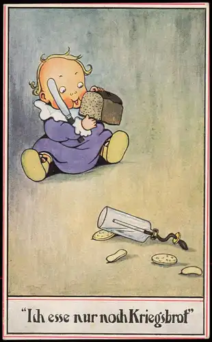 Ansichtskarte  Kinder Künstlerkarte "Ich esse nur noch Kriegsbrof" 1915