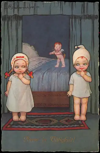 Ansichtskarte  Kinder Künstlerkarte Junge und Mädchen vor Bett - Amor 1926