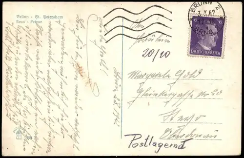 Postcard Brünn Brno Blick auf den Petersdom 1942