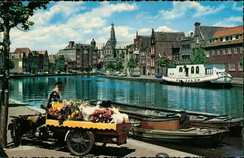 Postkaart Haarlem Ortsansicht, Spaarne, Blumen-Verkäufer 1960