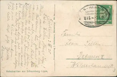 Bückeburg Personen in Volkstracht 1925   Bahnpost gelaufen (Bahnpoststempel)