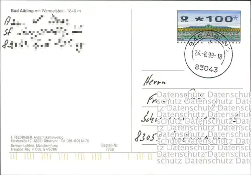 Ansichtskarte Bad Aibling Luftbild 1999   frankiert mit DBP Automaten-Marke