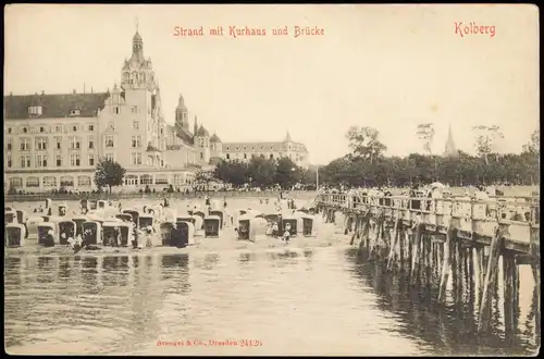 Postcard Kolberg Kołobrzeg Strand mit Kurhaus und Brücke 1906