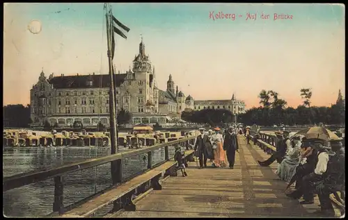 Postcard Kolberg Kołobrzeg Strandschloß - Auf der Brücke 1912