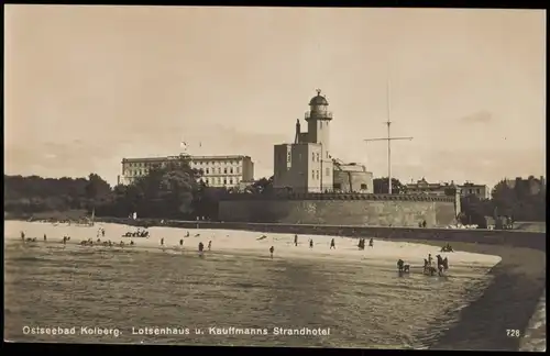 Postcard Kolberg Kołobrzeg Lotsenhaus u. Kauffmanns Strandhotel 1928