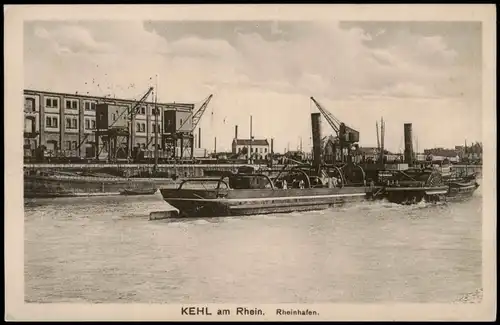 Ansichtskarte Kehl Rhein Hafen Schaufelraddampfer, Krähne 1916  Feldpoststempel