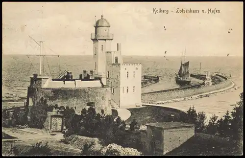 Postcard Kolberg Kołobrzeg Lotsenhaus u. Hafen 1927