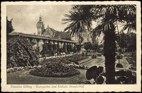 Postcard Kolberg Kołobrzeg Kurhaus Strandschloß vom Rosengarten 1938