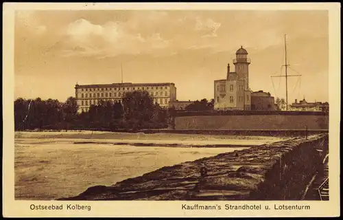 Postcard Kolberg Kołobrzeg Kauffmann's Strandhotel u. Lotsenturm 1941