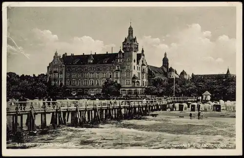 Postcard Kolberg Kołobrzeg Kurhaus Strandschloß, Seesteg 1930