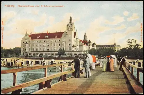 Postcard Kolberg Kołobrzeg Strandschloss und Brückenpromenade. 1914