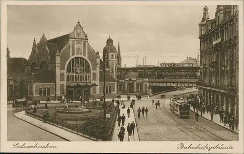 Ansichtskarte Gelsenkirchen Bahnhof Bahnhofsgebäude Tram am Vorplatz 1910