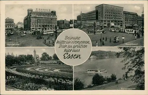 Essen (Ruhr) Straßen-Ansichten Mehrbild-AK Handelshof, Hauptpost, Gruga 1957