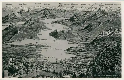 Ansichtskarte Luzern Lucerna Vierwaldstättersee, Landkarten AK 1930