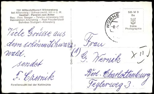 Altensteig Umland-Ansicht Gasthof Pension Zum Anker Wörnersberg 1960